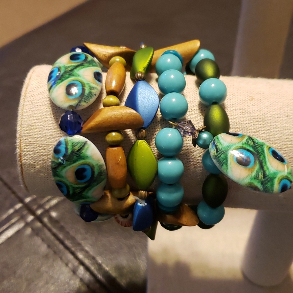 Wood and Peacock Bracelets